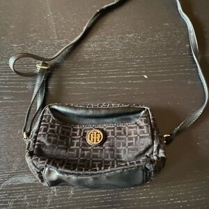 Tommy Hilfiger Black and Gold Patterned Crossbody Bag